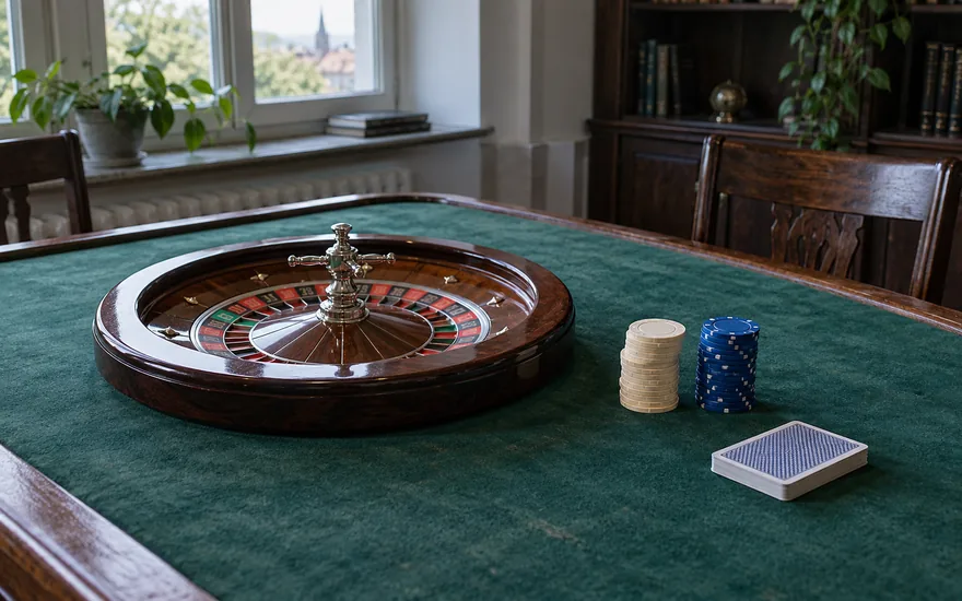 Casino ohne Lizenz einordnen: Roulettekessel, blaue Chips und verdeckte Karten in einer fiktiven Trainingsszene